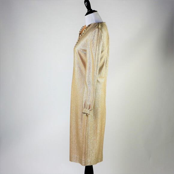 Vintage 1960s Gold-Silver Long Sleeved Dress with Button Detailing Medium - Picture 7 of 10
